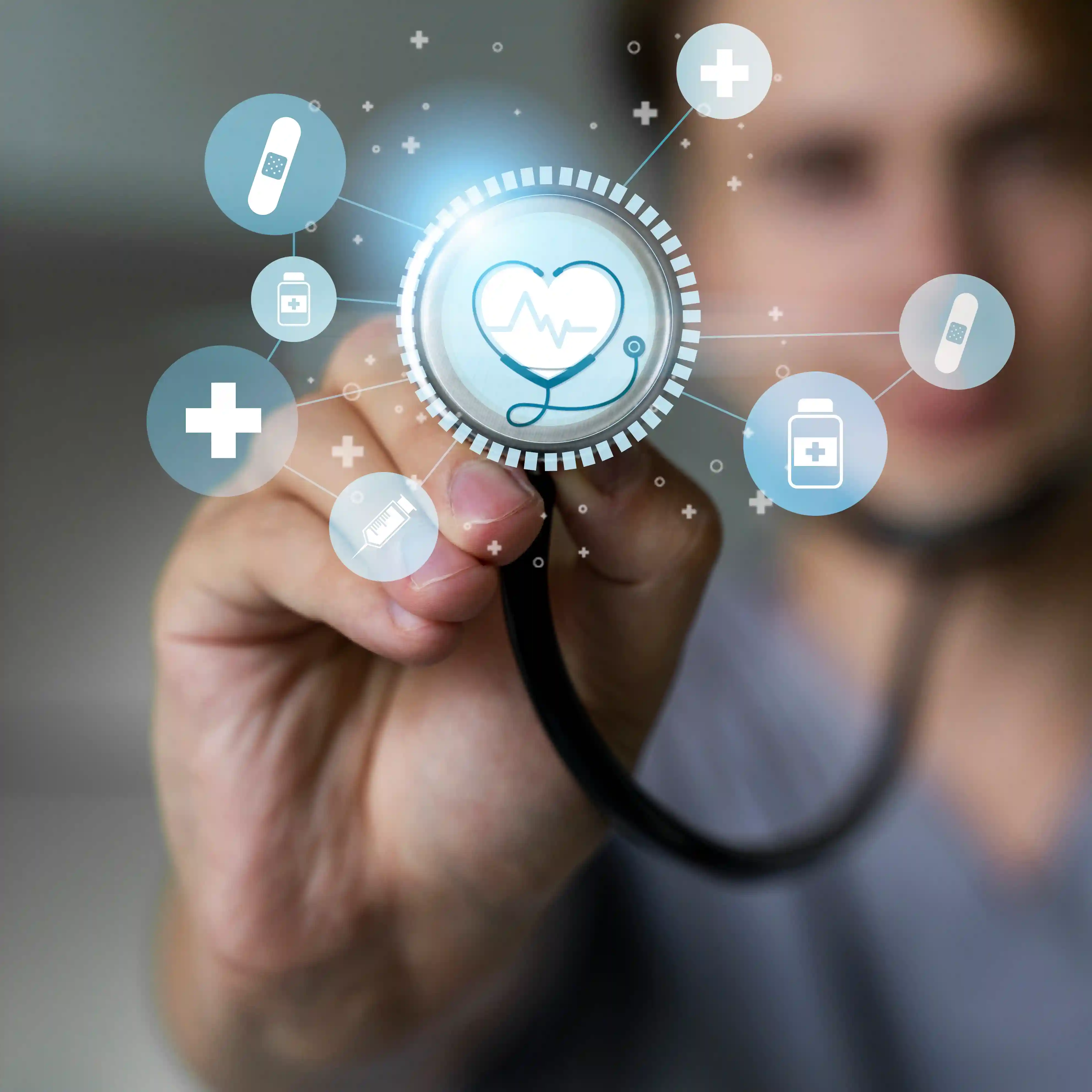 Doctor using futuristic hospital management system with digital health icons